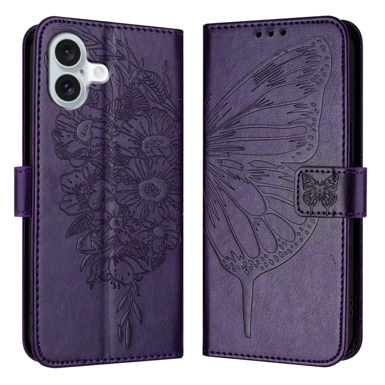 

For iPhone 16 Plus Embossed Butterfly Leather Phone Case(Dark Purple)