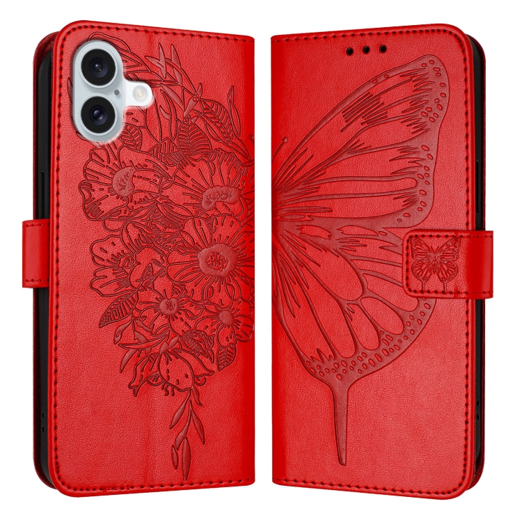 

For iPhone 16 Plus Embossed Butterfly Leather Phone Case(Red)