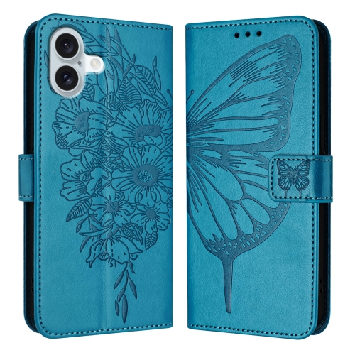 

For iPhone 16 Plus Embossed Butterfly Leather Phone Case(Blue)