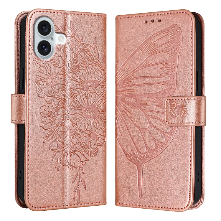 

For iPhone 16 Plus Embossed Butterfly Leather Phone Case(Rose Gold)