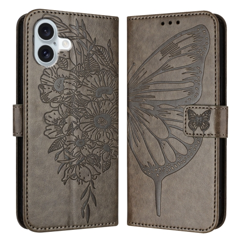 

For iPhone 16 Plus Embossed Butterfly Leather Phone Case(Grey)