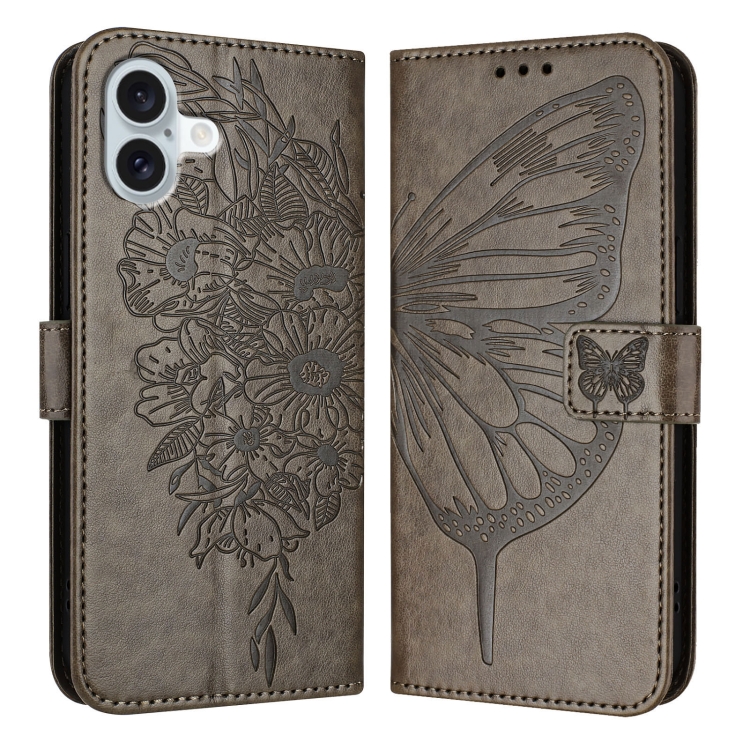 

For iPhone 16 Plus Embossed Butterfly Leather Phone Case(Grey)