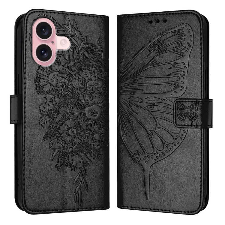 

For iPhone 16 Embossed Butterfly Leather Phone Case(Black)