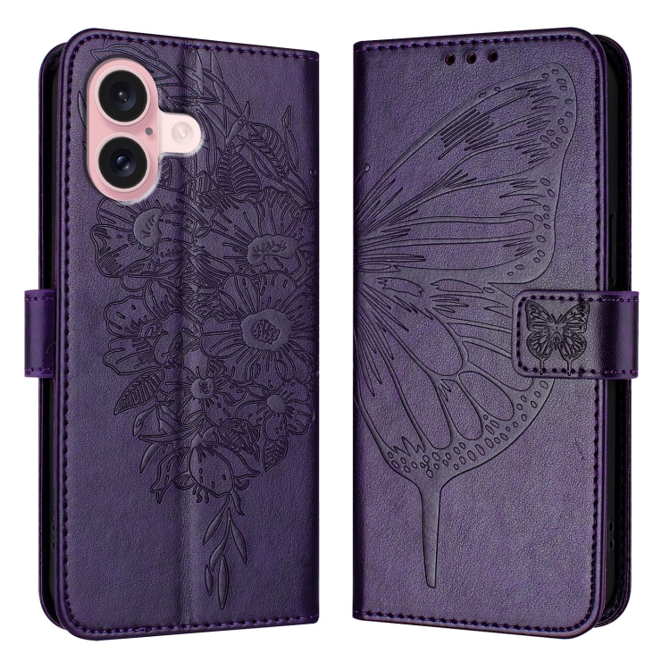 

For iPhone 16 Embossed Butterfly Leather Phone Case(Dark Purple)