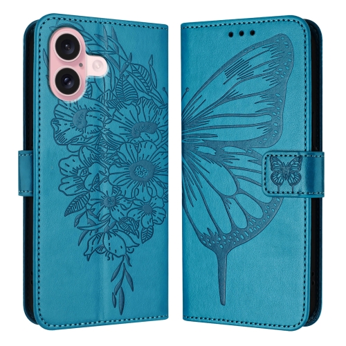 

For iPhone 16 Embossed Butterfly Leather Phone Case(Blue)