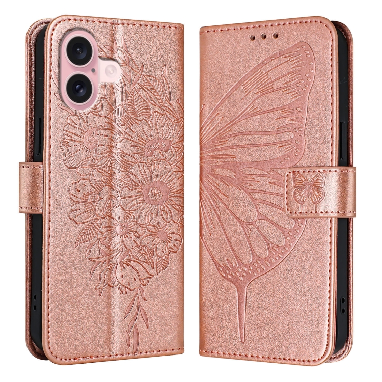 

For iPhone 16 Embossed Butterfly Leather Phone Case(Rose Gold)