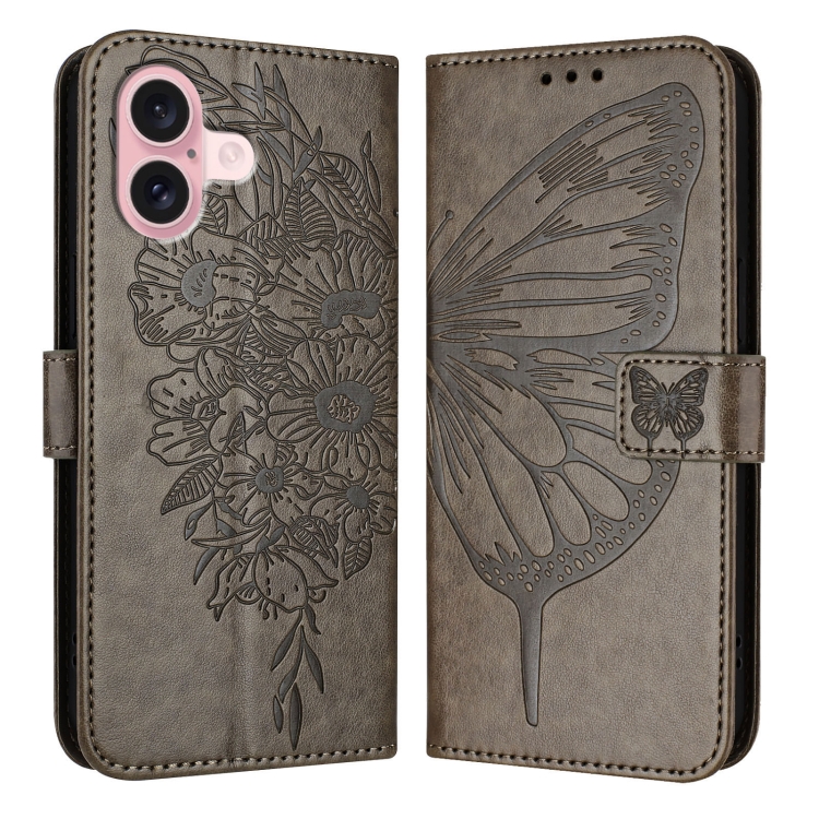 

For iPhone 16 Embossed Butterfly Leather Phone Case(Grey)