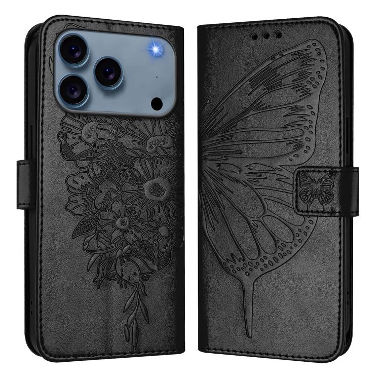 

For iPhone 17 Pro Max Embossed Butterfly Leather Phone Case(Black)
