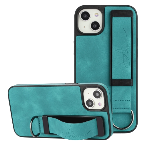 

For iPhone 14 Plus Wristband Holder Leather Back Phone Case(Green)