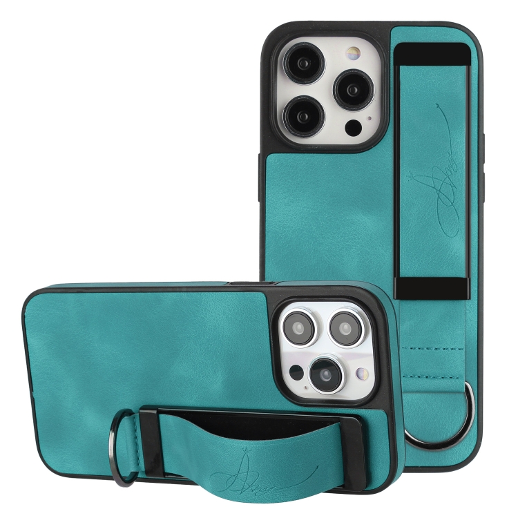 

For iPhone 14 Pro Wristband Holder Leather Back Phone Case(Green)