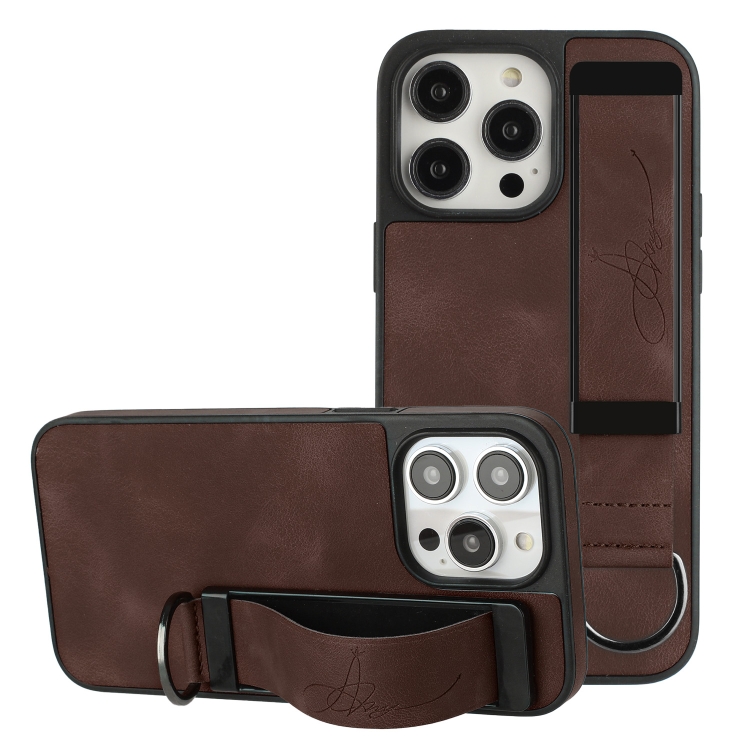 

For iPhone 14 Pro Wristband Holder Leather Back Phone Case(Coffee)