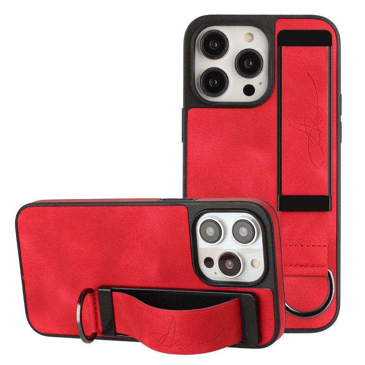 

For iPhone 13 Pro Max Wristband Holder Leather Back Phone Case(Red)
