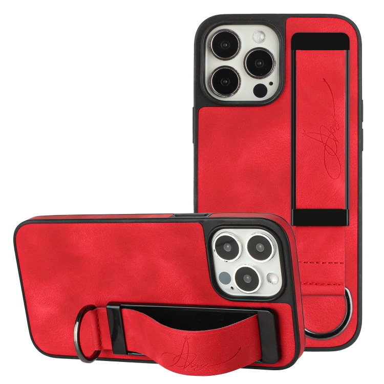 

For iPhone 13 Pro Wristband Holder Leather Back Phone Case(Red)