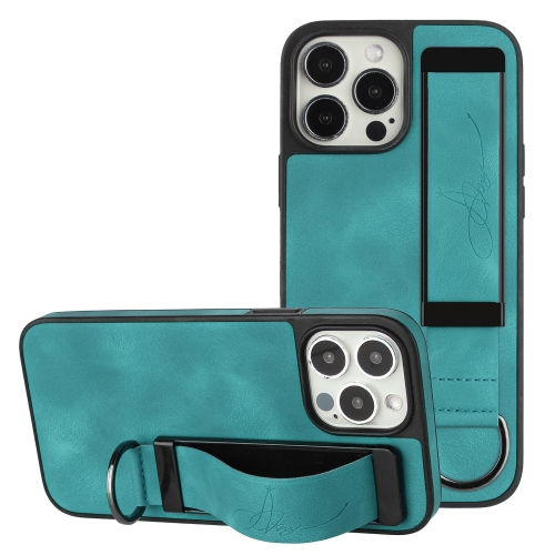 

For iPhone 13 Pro Wristband Holder Leather Back Phone Case(Green)