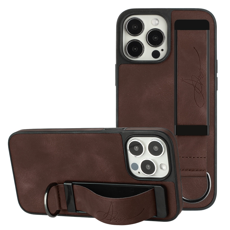 

For iPhone 11 Pro Max Wristband Holder Leather Back Phone Case(Coffee)