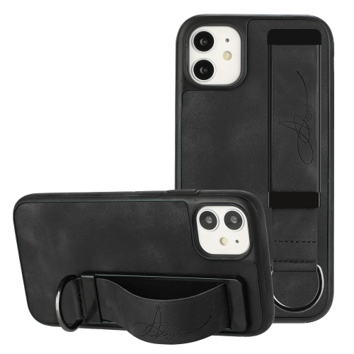 

For iPhone 11 Wristband Holder Leather Back Phone Case(Black)