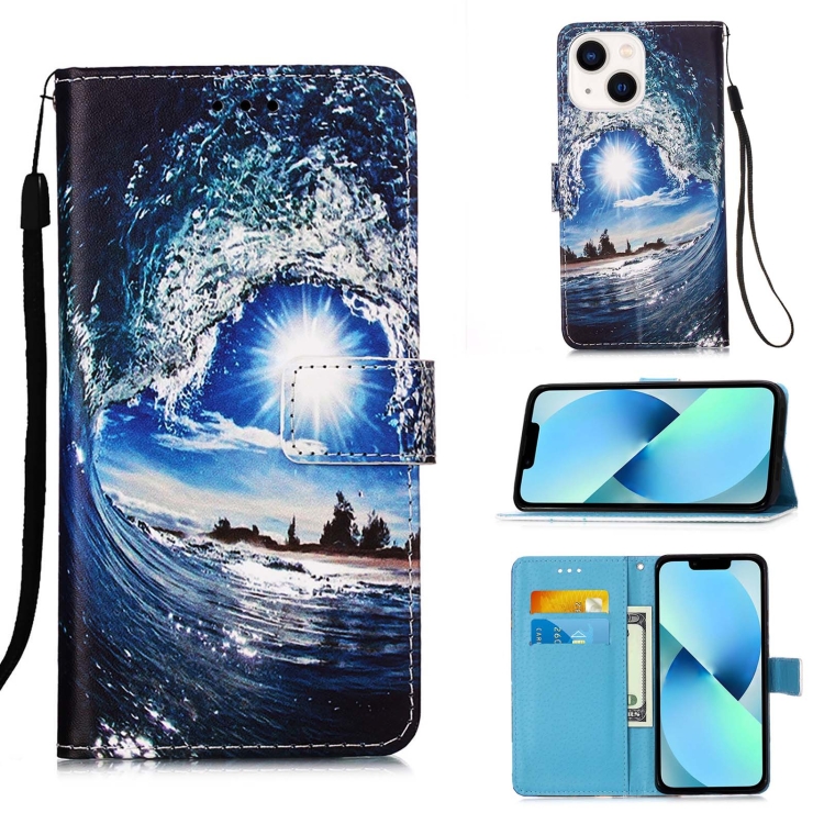 

For iPhone 15 Plus Colored Drawing Pattern Plain Weave Leather Phone Case(Waves And Sun)