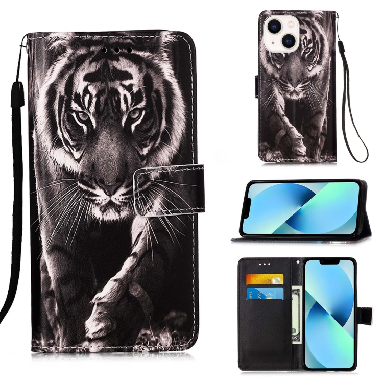 

For iPhone 15 Plus Colored Drawing Pattern Plain Weave Leather Phone Case(Black And White Tiger)