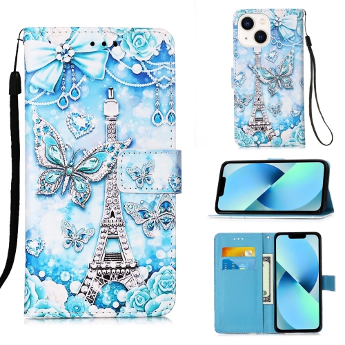 

For iPhone 15 Colored Drawing Pattern Plain Weave Leather Phone Case(Tower Butterfly)