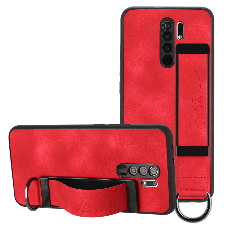 

For Xiaomi Redmi 9 Wristband Holder Leather Back Phone Case(Red)