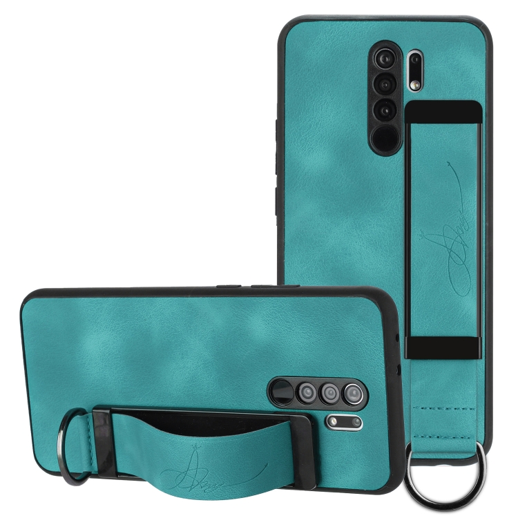 

For Xiaomi Redmi 9 Wristband Holder Leather Back Phone Case(Green)