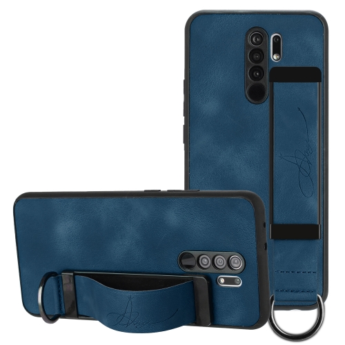 

For Xiaomi Redmi 9 Wristband Holder Leather Back Phone Case(RoyalBlue)