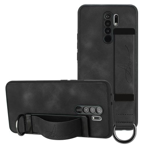 

For Xiaomi Redmi 9 Wristband Holder Leather Back Phone Case(Black)