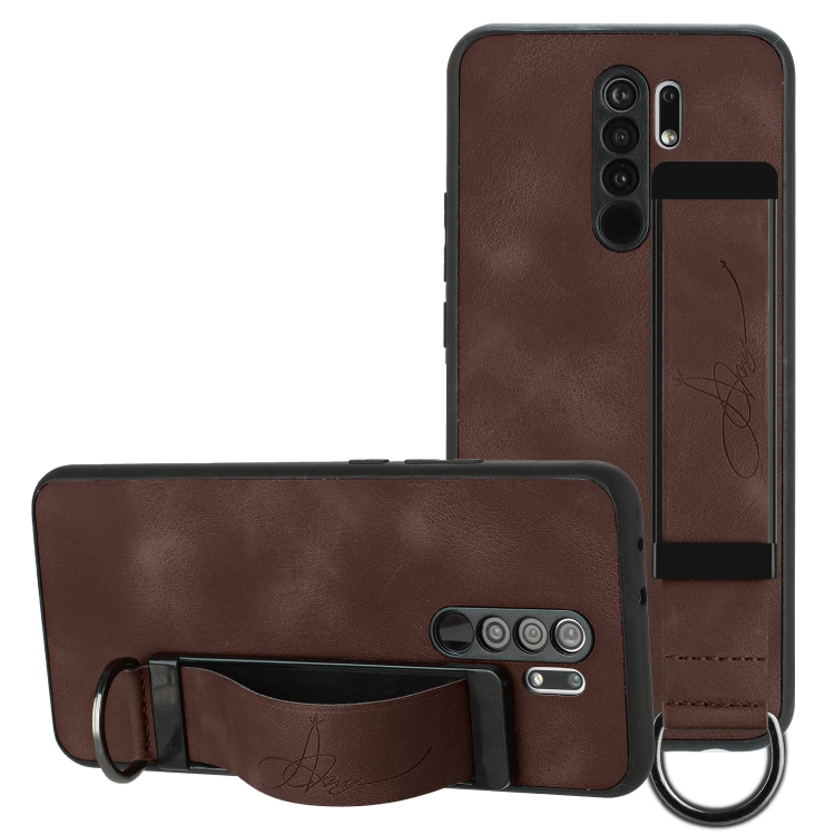 

For Xiaomi Redmi 9 Wristband Holder Leather Back Phone Case(Coffee)