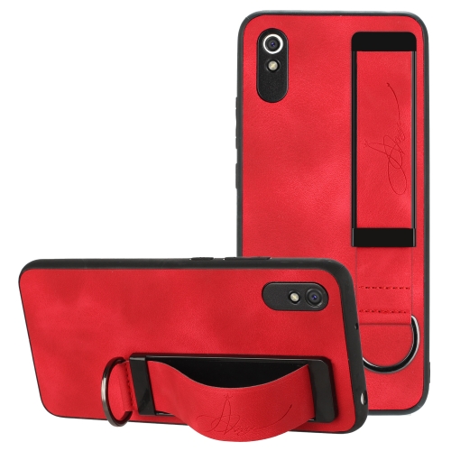 

For Xiaomi Redmi 9A Wristband Holder Leather Back Phone Case(Red)