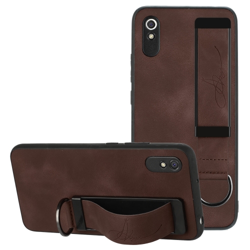 

For Xiaomi Redmi 9A Wristband Holder Leather Back Phone Case(Coffee)