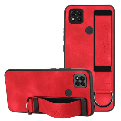 

For Xiaomi Redmi 9C Wristband Holder Leather Back Phone Case(Red)