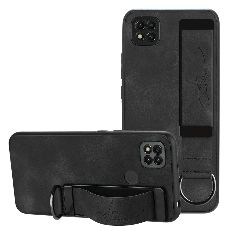 

For Xiaomi Redmi 9C Wristband Holder Leather Back Phone Case(Black)