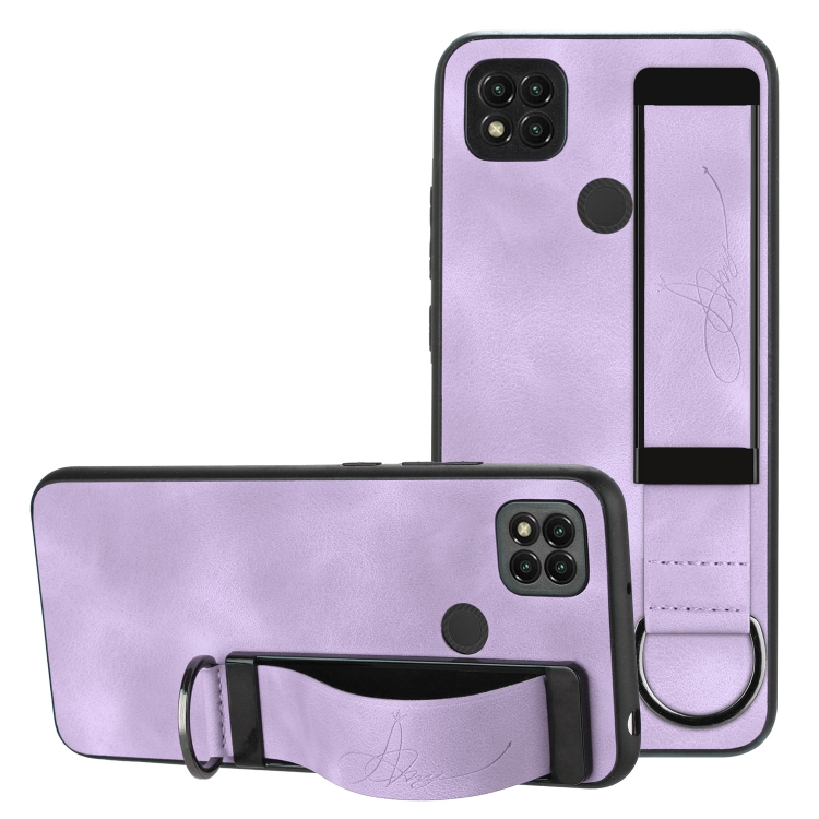 

For Xiaomi Redmi 9C Wristband Holder Leather Back Phone Case(Purple)