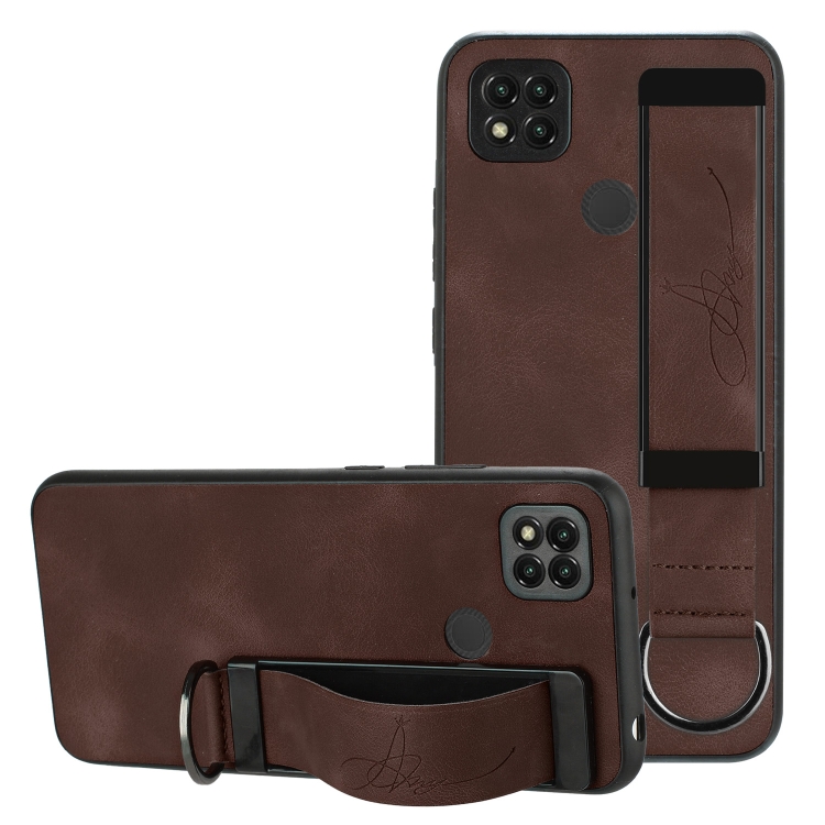 

For Xiaomi Redmi 9C Wristband Holder Leather Back Phone Case(Coffee)