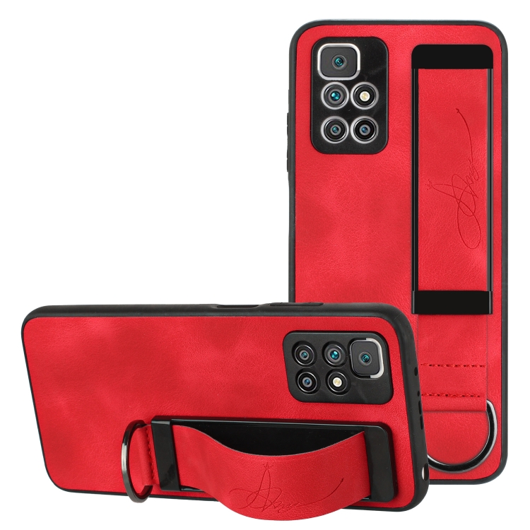 

For Xiaomi Redmi 10 Wristband Holder Leather Back Phone Case(Red)