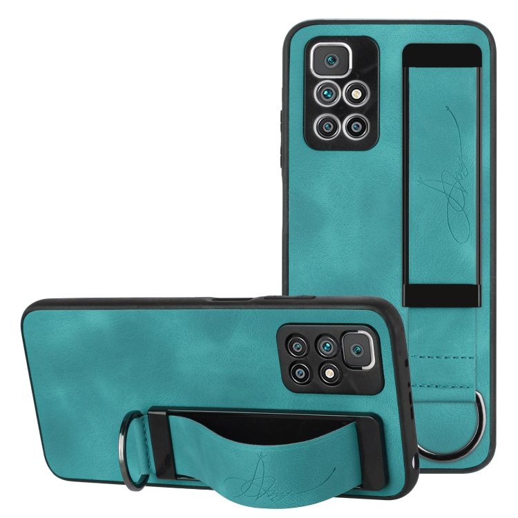 

For Xiaomi Redmi 10 Wristband Holder Leather Back Phone Case(Green)