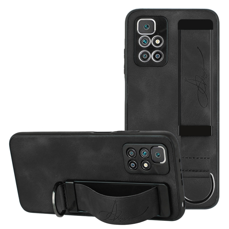 

For Xiaomi Redmi 10 Wristband Holder Leather Back Phone Case(Black)