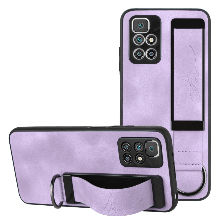 

For Xiaomi Redmi 10 Wristband Holder Leather Back Phone Case(Purple)