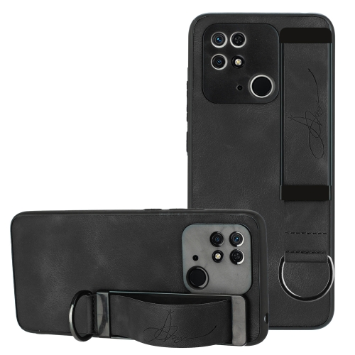 

For Xiaomi Redmi 10C Wristband Holder Leather Back Phone Case(Black)