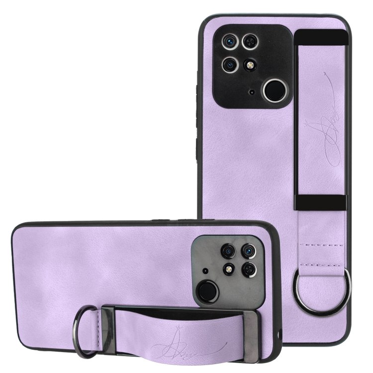 

For Xiaomi Redmi 10C Wristband Holder Leather Back Phone Case(Purple)