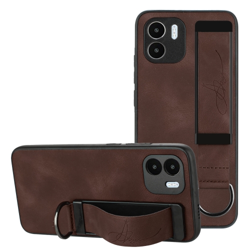 

For Xiaomi Redmi A1 Wristband Holder Leather Back Phone Case(Coffee)