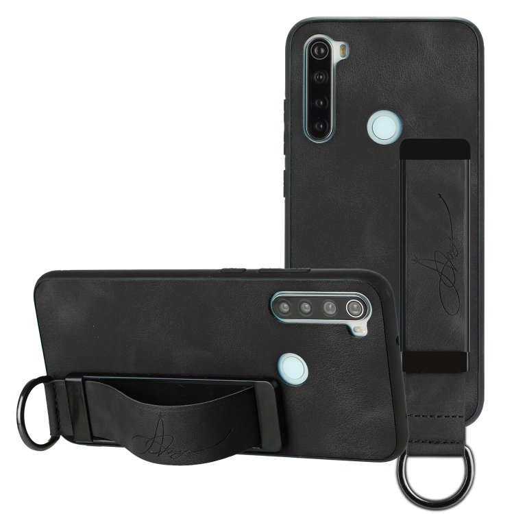 

For Xiaomi Redmi Note 8 Wristband Holder Leather Back Phone Case(Black)