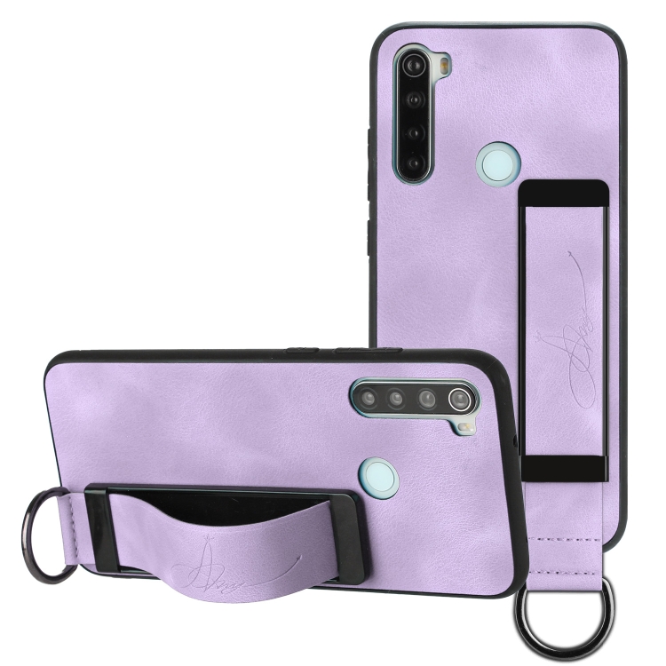 

For Xiaomi Redmi Note 8 Wristband Holder Leather Back Phone Case(Purple)