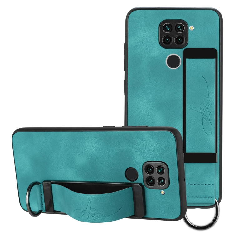 

For Xiaomi Redmi Note 9 Wristband Holder Leather Back Phone Case(Green)