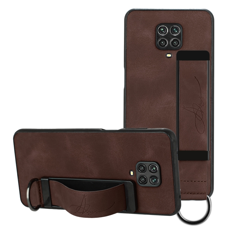 

For Xiaomi Redmi Note 9 Pro Wristband Holder Leather Back Phone Case(Coffee)