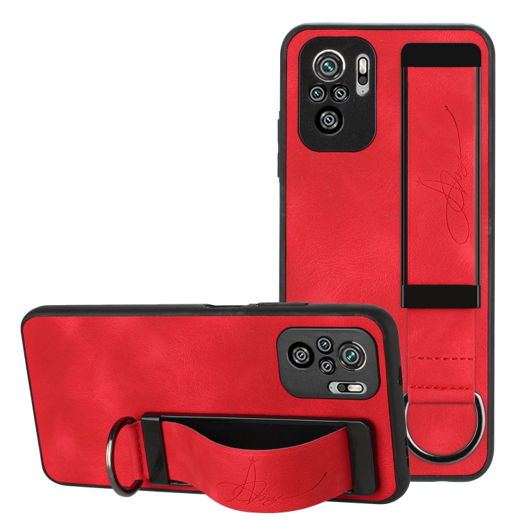 

For Xiaomi Redmi Note 10 Wristband Holder Leather Back Phone Case(Red)