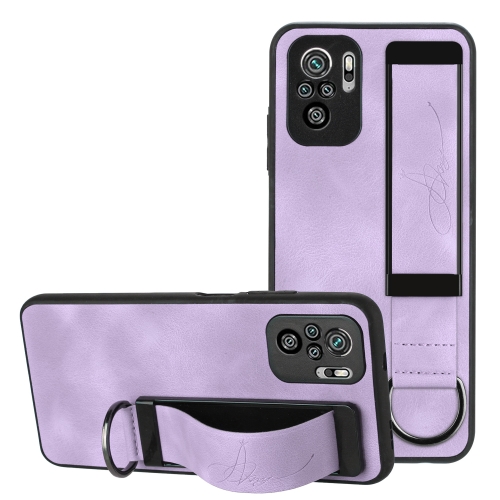 

For Xiaomi Redmi Note 10 Wristband Holder Leather Back Phone Case(Purple)