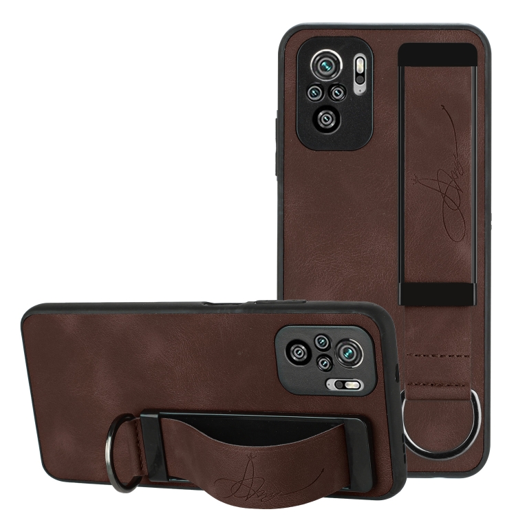 

For Xiaomi Redmi Note 10 Wristband Holder Leather Back Phone Case(Coffee)