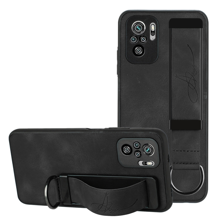 

For Xiaomi Redmi Note 10 Pro Wristband Holder Leather Back Phone Case(Black)