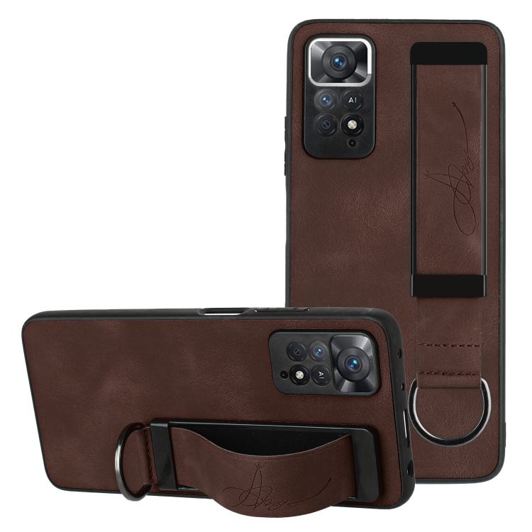 

For Xiaomi Redmi Note 11 Wristband Holder Leather Back Phone Case(Coffee)